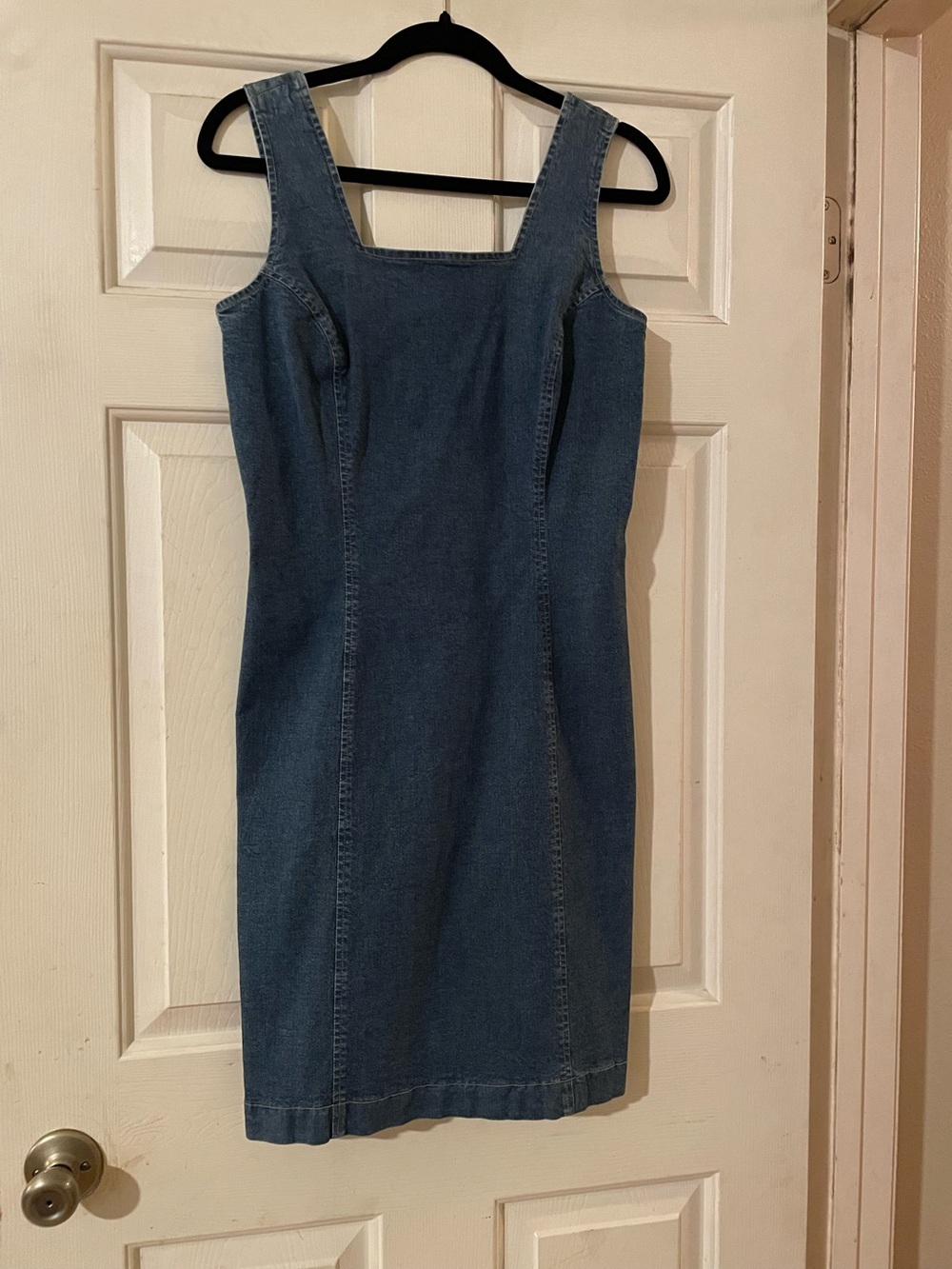 Vintage Casual Corner Denim Square Neck Panel Stitch Tank Sheath Dress 2 Blue